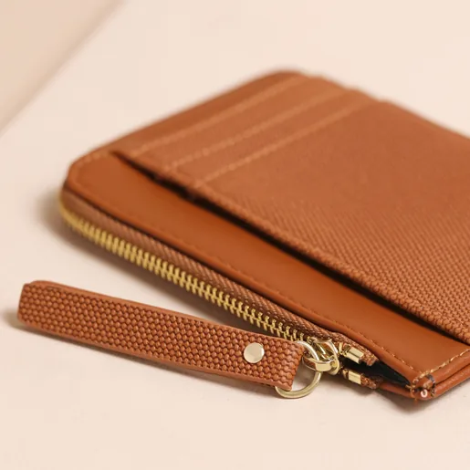 Zipper on Vegan Leather Card Holder in Tan