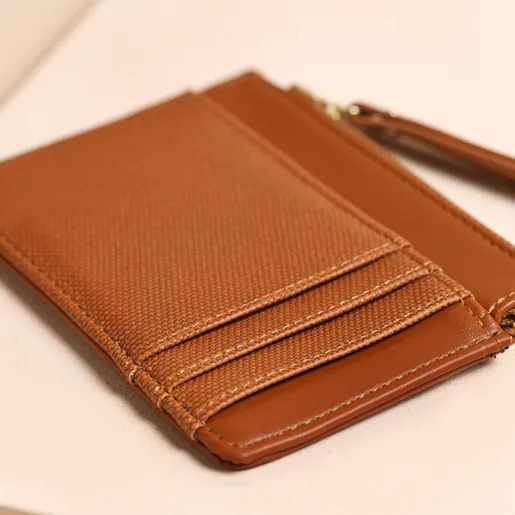 Close Up of Vegan Leather Card Holder in Tan