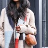 Rectangular Crossbody Bag in Tan on model with abstract winter scarf