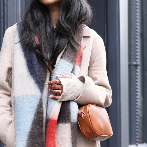 Bag on Model Rectangular Crossbody Bag in Tan on model with abstract winter scarf