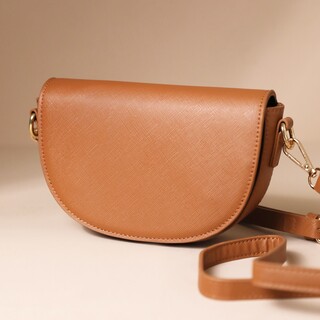 Vegan Leather Half Moon Crossbody Bag in Tan