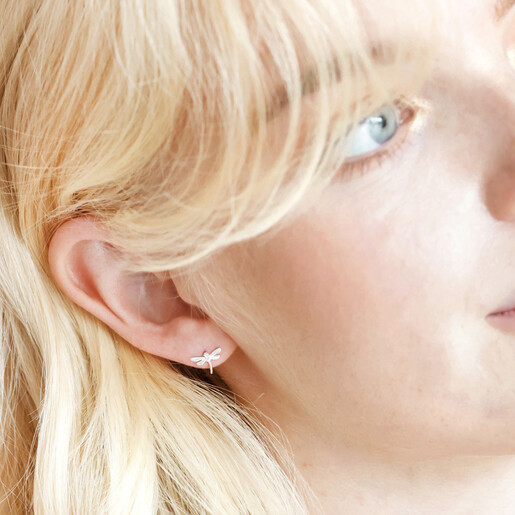 Model Wearing Sterling Silver Dragonfly Stud Earrings