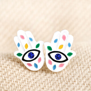 Sterling Silver Enamel Hamsa Hand Stud Earrings