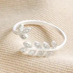 Adjustable Sterling Silver Crystal Fern Leaf Ring