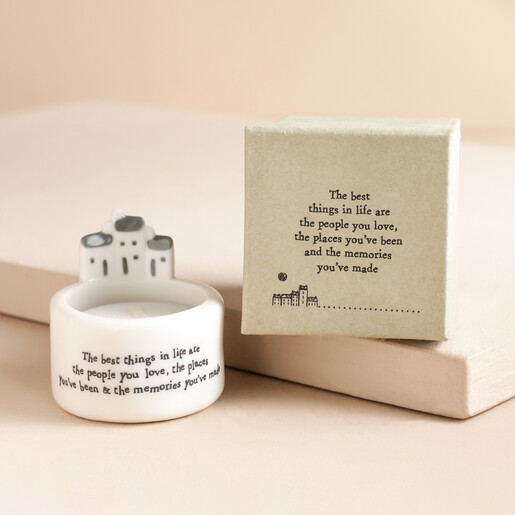 East of India Best Things in Life Tealight Holder East of India Best Things in Life Tealight Holder with gift box next to it on neutral coloured backdrop