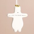 Close Up of I Love You Beary Much Bear Hanging Decoration Hanging against Pink Wall 