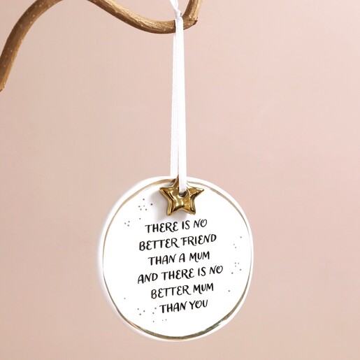 Mum Ceramic Hanging Decoration Mum Ceramic Hanging Decoration on Branch Against Pink Background
