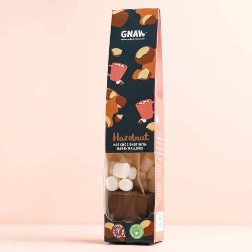 Gnaw Hazelnut Hot Chocolate Shot against neutral coloured background