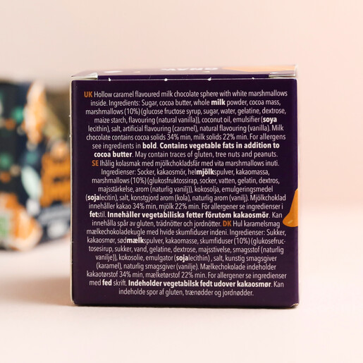 Back of Gnaw Salted Caramel Hot Chocolate Bombe showing ingredients