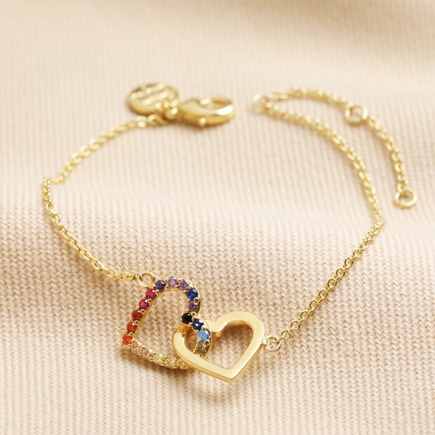 Interlocking Rainbow Crystal Heart Bracelet in Gold