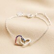 Interlocking Rainbow Crystal Heart Bracelet in Silver on top of beige coloured fabric