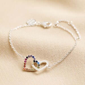 Interlocking Rainbow Crystal Heart Bracelet in Silver