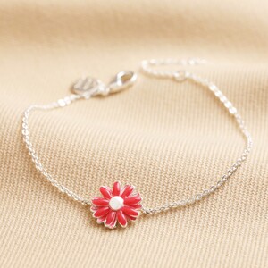Pink Enamel Daisy Charm Bracelet in Silver