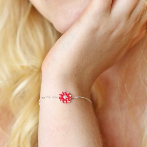 Model Wearing Pink Enamel Daisy Charm Bracelet in Silver