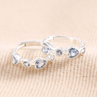 Blue Crystal Heart Huggie Hoop Earrings in Silver