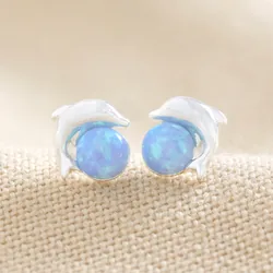 Blue Opal Dolphin Stud Earrings in Silver