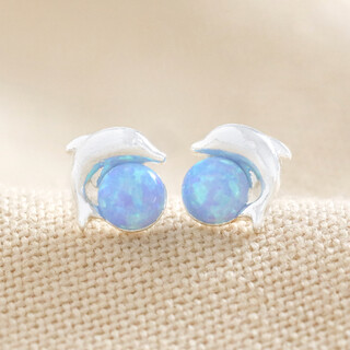 Blue Opal Dolphin Stud Earrings in Silver
