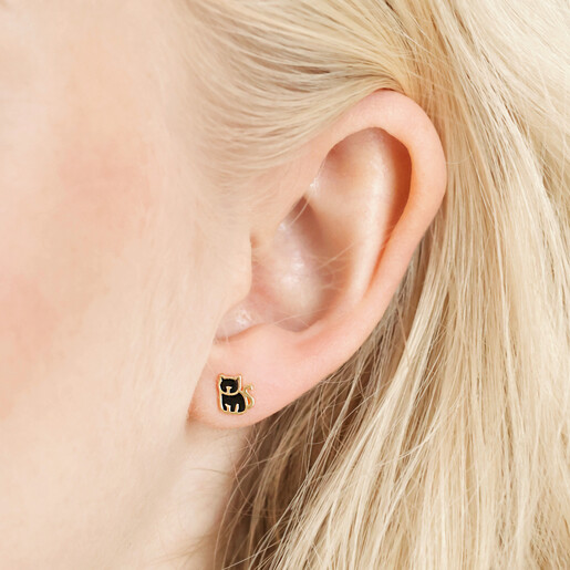 Kitten Stud of Cat and Kitten Stud Earrings in Gold on Model 