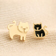 Cat and Kitten Stud Earrings in Gold on Beige Fabric