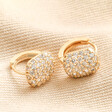 Clear Crystal Pavé Square Huggie Hoop Earrings in Gold  on Beige Fabric