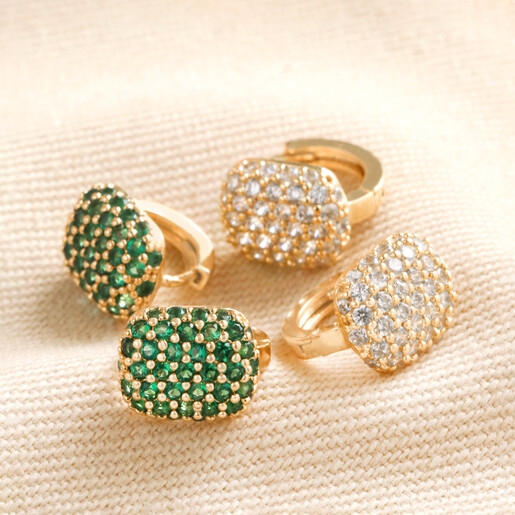 Clear Crystal Pavé Square Huggie Hoop Earrings in Gold  with Green Version Also Available on Beige Fabric 