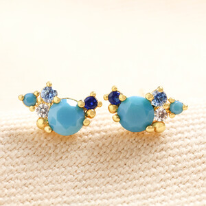 Birthstone Cluster Stud Earrings in Gold December Blue Zircon