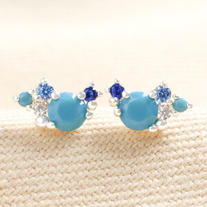 Birthstone Cluster Stud Earrings in Silver December Blue Zircon