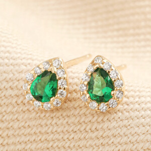 Gold Sterling Silver Green Teardrop Crystal Stud Earrings