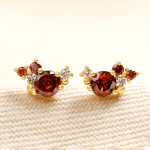 Birthstone Cluster Stud Earrings in Gold January Garnet