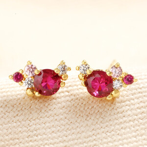 Birthstone Cluster Stud Earrings in Gold July Ruby