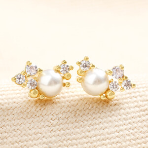 Birthstone Cluster Stud Earrings in Gold June Pearl
