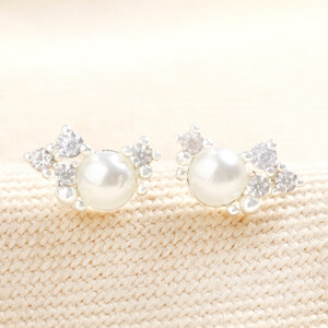 Birthstone Cluster Stud Earrings in Silver June Pearl