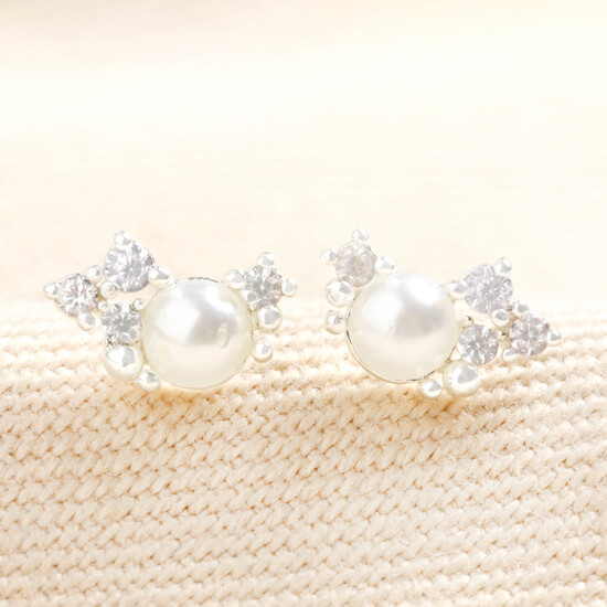 Birthstone Cluster Stud Earrings in Silver June Pearl