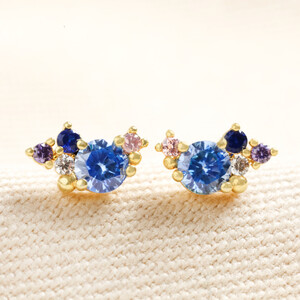 Birthstone Cluster Stud Earrings in Gold March Aquamarine