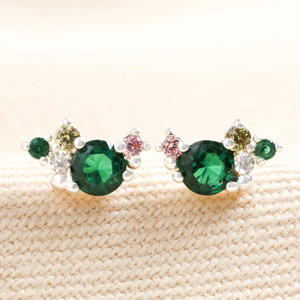 Birthstone Cluster Stud Earrings in Silver May Emerald