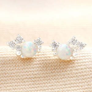 Birthstone Cluster Stud Earrings in Silver October Opal