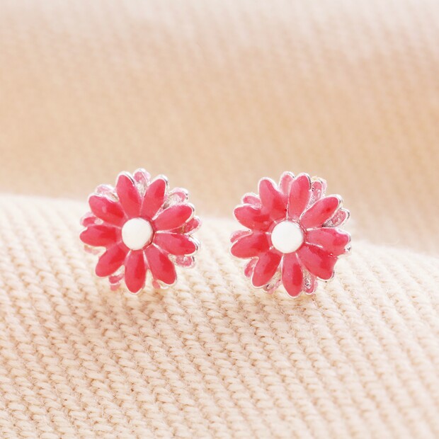 Pink Enamel Daisy Stud Earrings in Silver Pink Enamel Daisy Stud Earrings in Silver