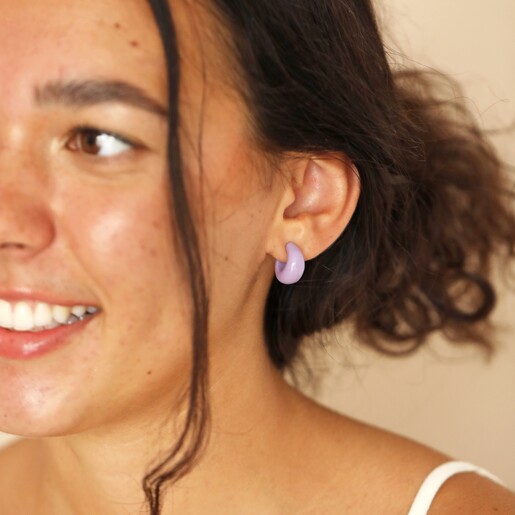 Purple Resin Domed Huggie Hoop Earrings on Model