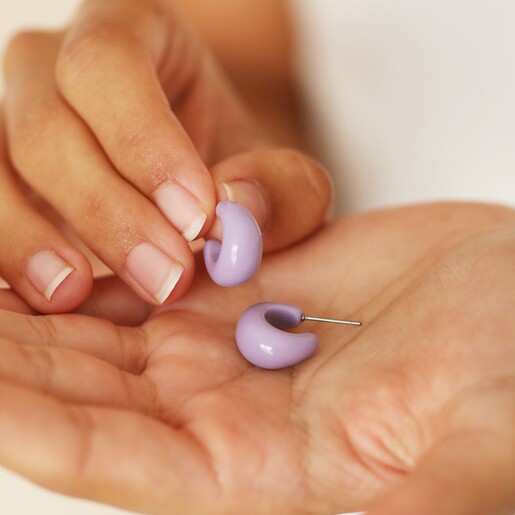 Purple Resin Domed Huggie Hoop Earrings Held in Model's Hands