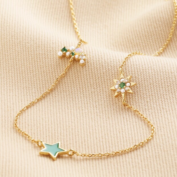 Green Enamel Star Sun and Moon Charm Necklace in Gold Green Enamel Star Sun and Moon Charm Necklace in Gold