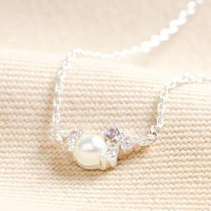 Birthstone Cluster Necklace in Silver June Pearl