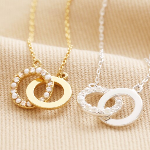 Also Available in Gold Interlocking Pearl and Crystal Hoops Necklace in Silver next to gold version