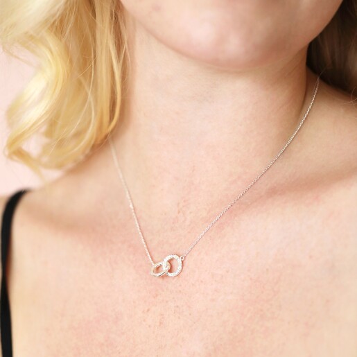 Necklace on Model Interlocking Pearl and Crystal Hoops Necklace in Silver on blonde haired model