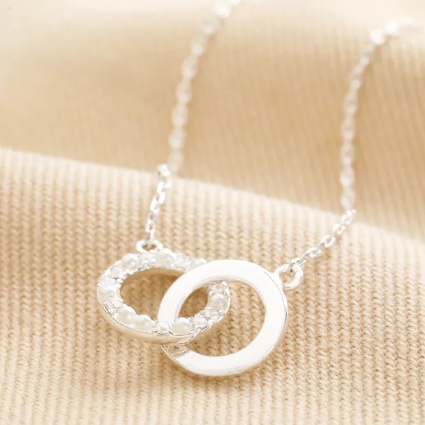 Interlocking Pearl and Crystal Hoops Necklace in Silver Interlocking Pearl and Crystal Hoops Necklace in Silver