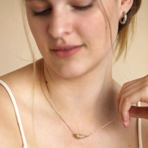 Pearl Three Peas in a Pod Pendant Necklace in Gold on Smiling Model