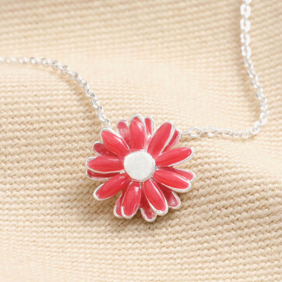 Sterling Silver Girls Pink Daisy Flower Necklace