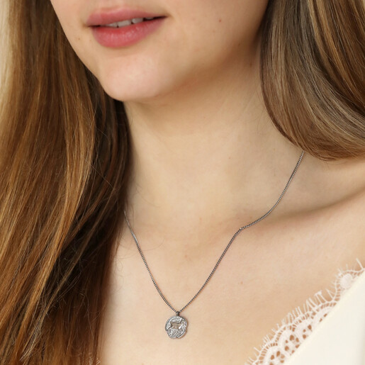 Stainless Steel Aries Pendant Necklace  Close Up of Stainless Steel Aries Pendant Necklace on Model