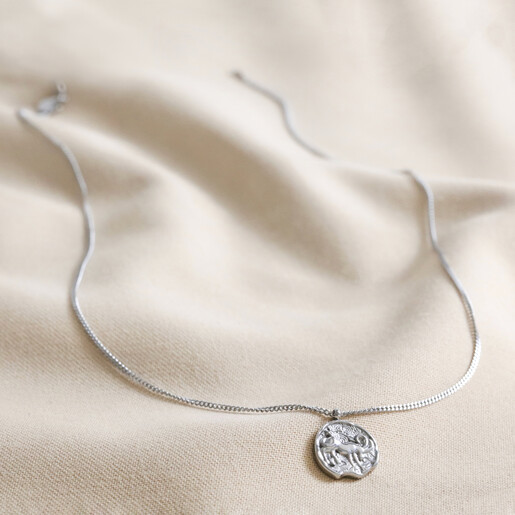 Full Chain of Stainless Steel Capricorn Pendant Necklace on Beige Fabric