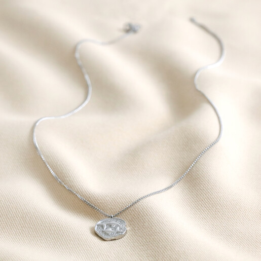 Full Chain of Stainless Steel Pisces Pendant Necklace on Beige Fabric