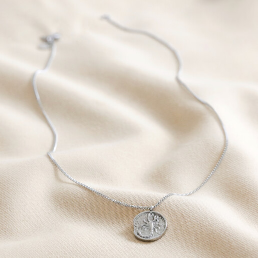 Full Chain of Stainless Steel Scorpio Pendant Necklace on Beige Fabric